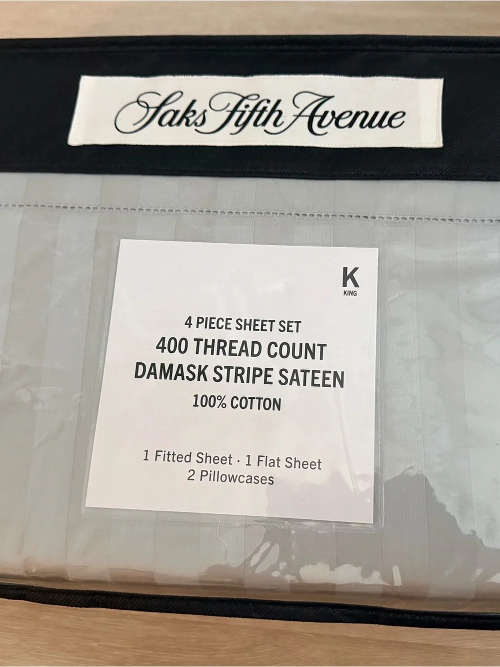 Saks Fifth Avenue KING Sheet Set Grey 4 pc Flat/Fitted/2 Pillowcases 400 TC